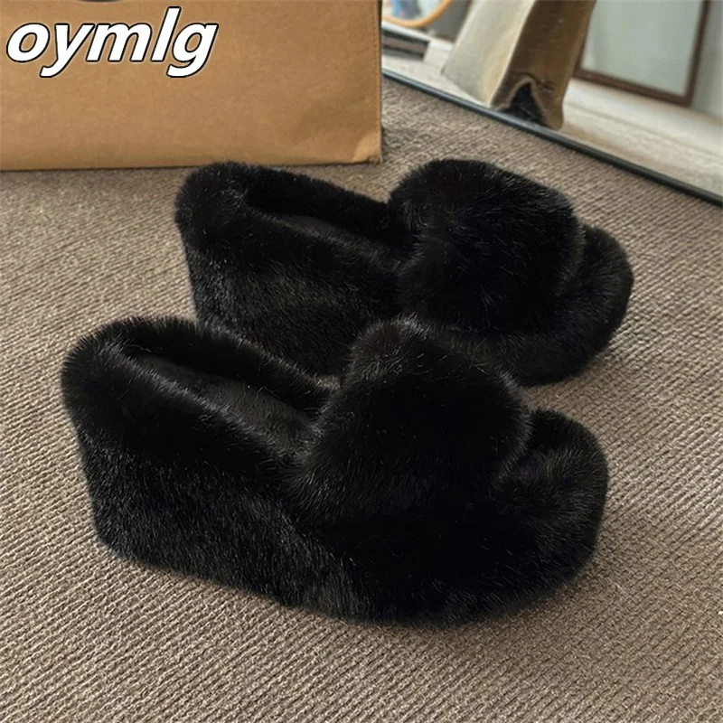 Matsu Cake Plush Slippers for Women Outwear 2023 Autumn/Winter New High Heel Wedge and Small Cotton Slippers for Women