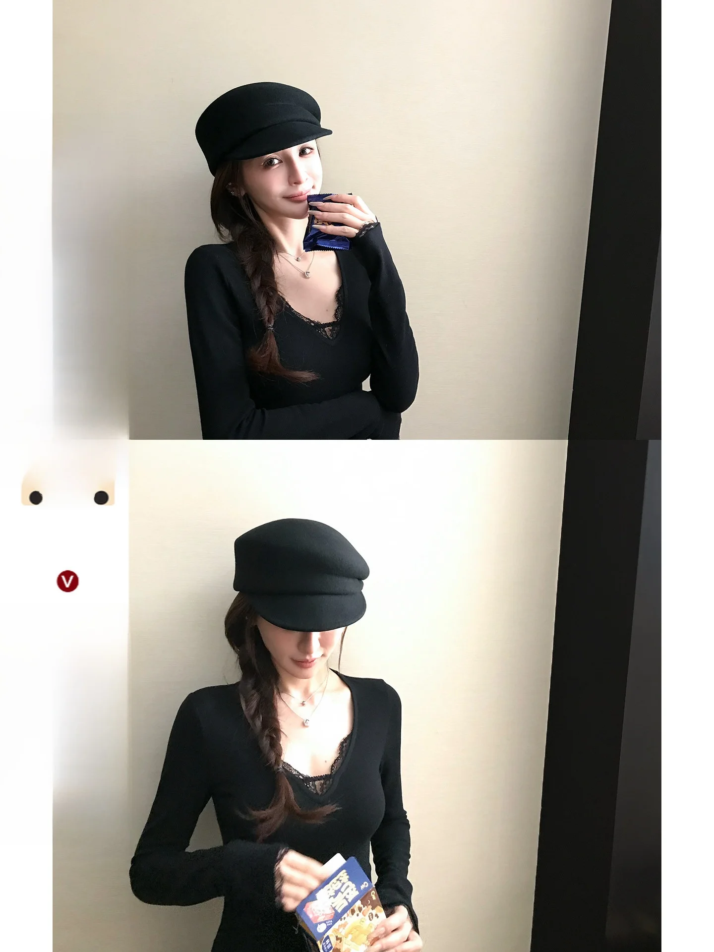 

Skk Store Self-Heating Wool Lace Long Sve V-Ne Ele Base irt Soft Cozy Sister Fake Two-Piece Sli Winter Top