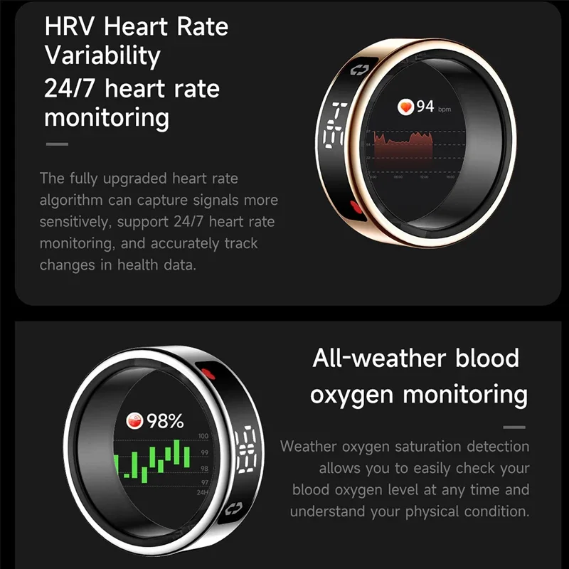 LED Display Screen Smart Ring For Men Heart Rate Blood Oxygen Sleep Monitor Brush Video 5ATM Waterproof Multi Sports Mode Ring
