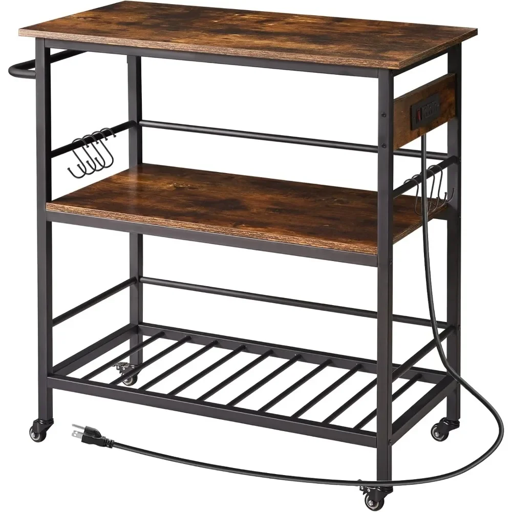 Kitchen Island with 3 Shelves, Island Table for Kitchen with Power Outlet,Kitchen Cart with Large Worktop,Rolling Bar Cart for