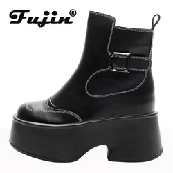 Fujin 11cm stivaletti con punta quadrata in vera pelle primavera tacchi grossi autunno peluche caldo donna etnico inverno scarpe con cerniera da donna