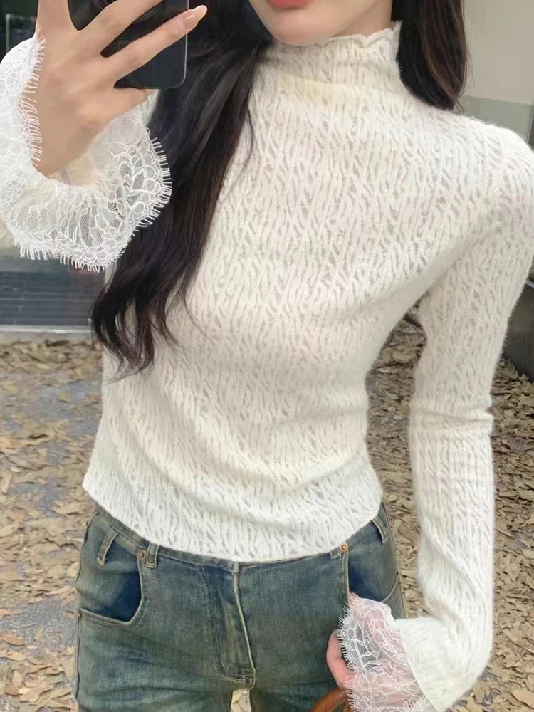 Lace Tassels Bottoming Tops for Women Y2K Fashion Splicing Slim Long Sleeve Knitted T-Shirts Harajuku Half-High Collar Pullover