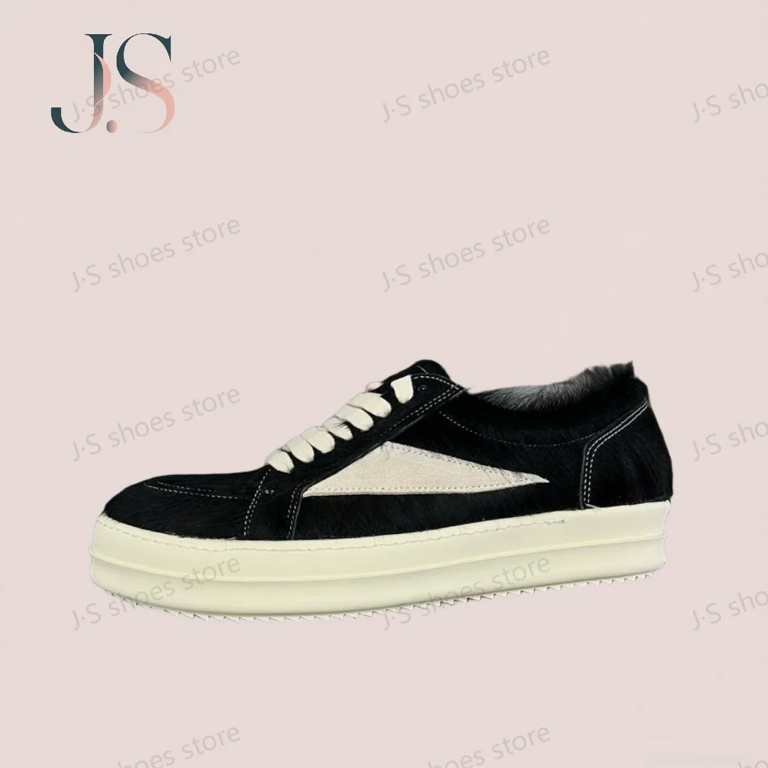 

R-o Men Shoes Black Horse Hair Low Top Casual Shoe Women Sneaker Lace Up Black Horsehair Sneakers White Suede Retro Flat Boots