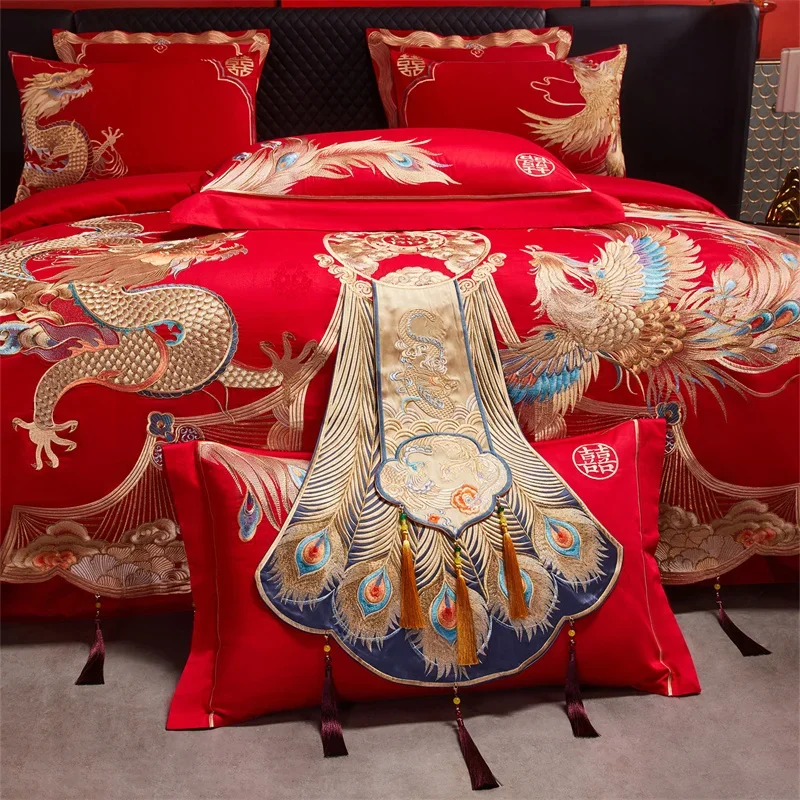 Luxury Gold Dragon Phoenix Embroidery Chinese Style Wedding Bedding Set 1000TC Egyptian Cotton Duvet Cover Bed Sheet Pillowcase