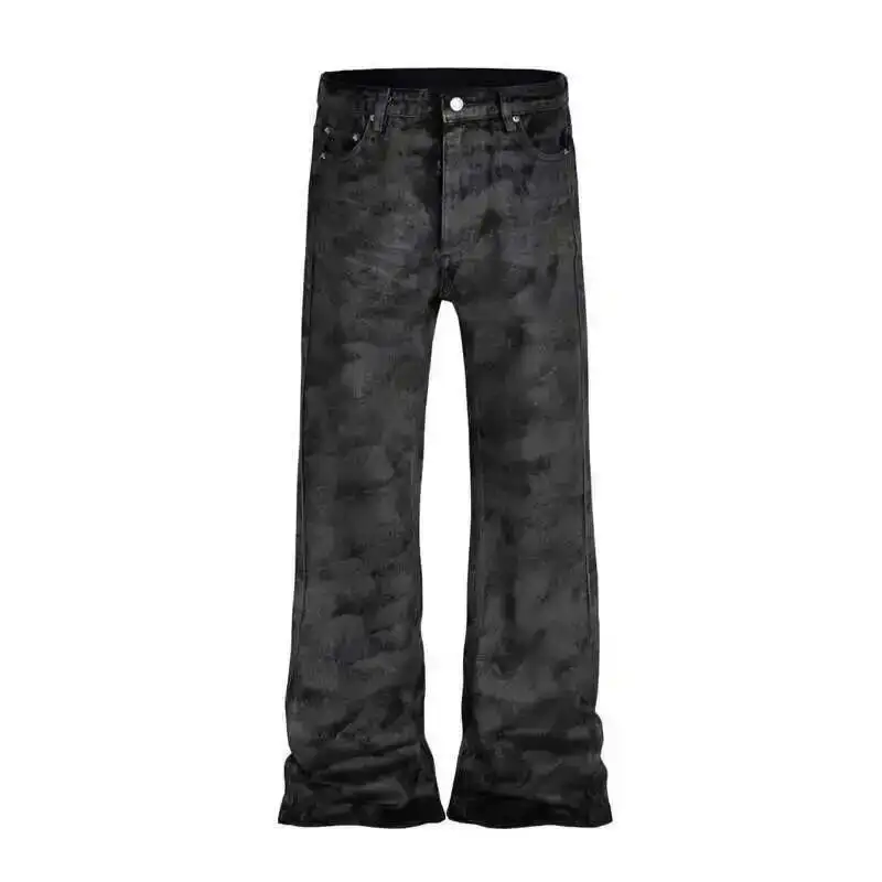 American High Street Vintage Washed Worn Glitter Coating Brush Glue Micro Flare Jeans Men's Wax Black Long Pants 2E0GA
