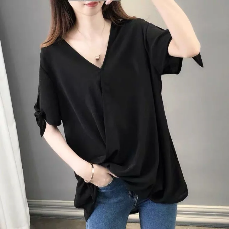 

Irregular Lacing Loose Blouse Summer New Short Sleeve Pleated Solid Plus Size Hollow Out Shirt Tops Casual Fashion Women Clothes