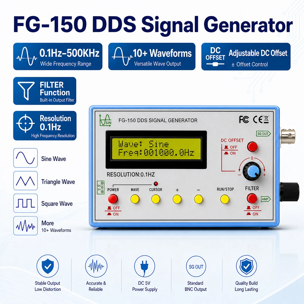FG-150 DDS Function Signal Generator Frequency Counter 0.1Hz - 500KHz Signal Source Module 15 Waveforms Adjustable Duty Cycle