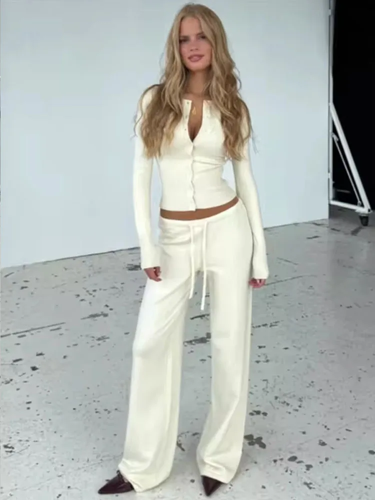 Women Knitted Top Pants Set 2 Piece Casual Long Sleeve Cardigan Sweater Low Rise Wide Leg Pants Y2K Tracksuit Streetwear Outfit