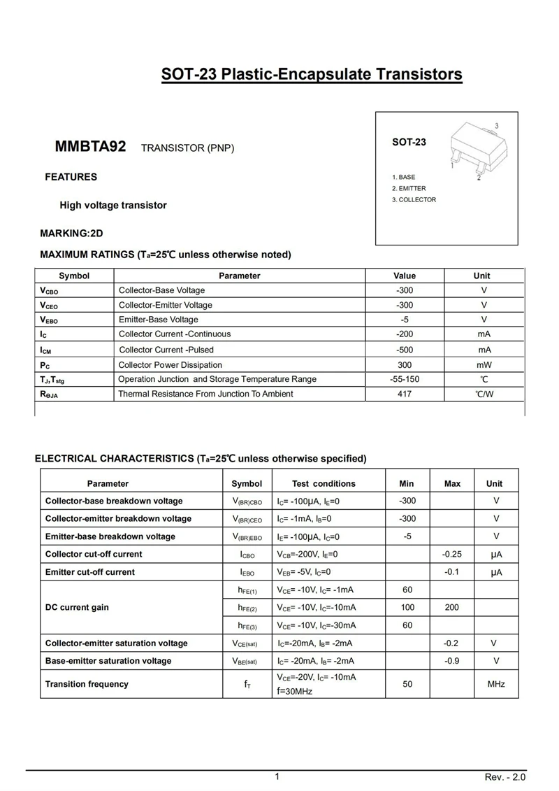 トライオードトライオード、mmbta42、1d、mmbta92、2d、mmbta44、3D、mmbt94、4d、smd、sot-23、npn、pnp、50個