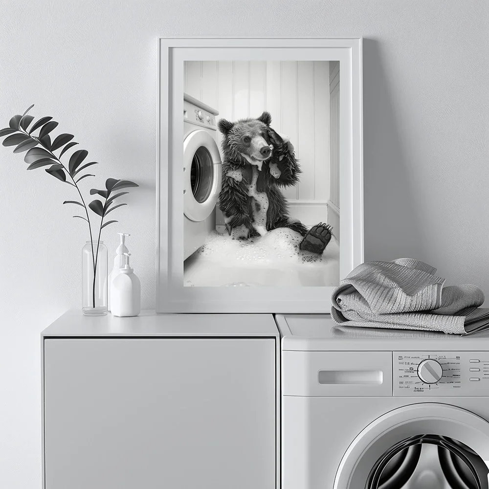 Cute Giraffe Penguin Tiger in Washing Machine Poster Laundry Room Decor Picture Funny Laundry Wall Art Utility Room Print Canvas