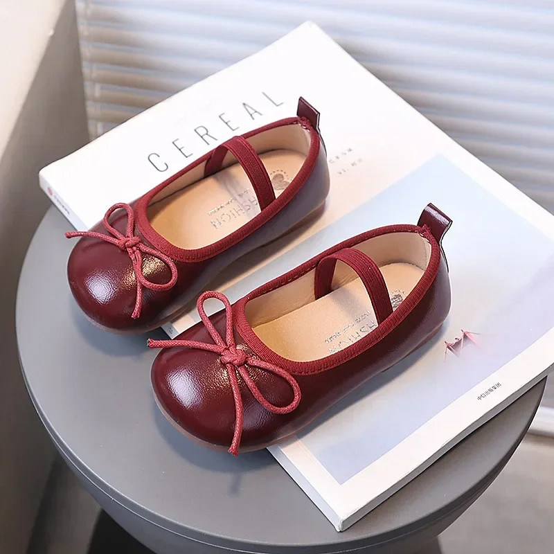 Girls MaryJanes Round Toes Simple Bow 2025 Brand New Kids Leather Shoes Slip-on Soild Color Versatile Children Flats Dance Shoes