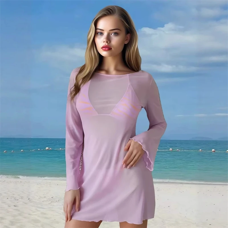 トレンディなビーチウェアドレスシックなシアーメッシュ水着カバーアップベルスリーブビーチドレス夏休みの衣装女性のセクシーなビキニ