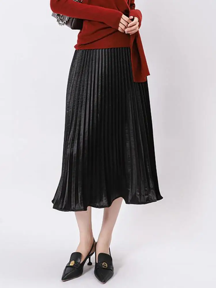 

French Fashion 2025 Women Solid High Waist Slim Pleated Long Skirt Autumn Office Festival Elegant Skirt Casual Simplicity Trendy