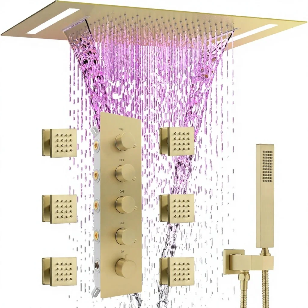 Multi Full Body Thermostatic Stainless Steel Luxury Spa Shower System 14x20 Inch LED 4 Functions 5-Handle Faucet Set Rainfall