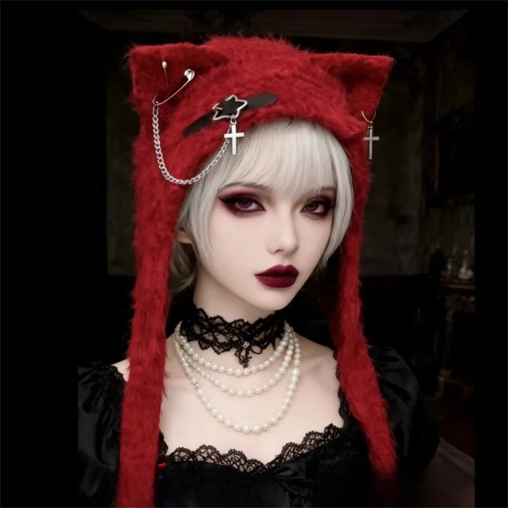 

Подарки Harajuku, японская шапка с кошачьими ушками и пряжкой для шарфа, женские вязаные шапки в стиле панк Y2K, кожаная теплая шапка с перекрестной цепочкой и ушками