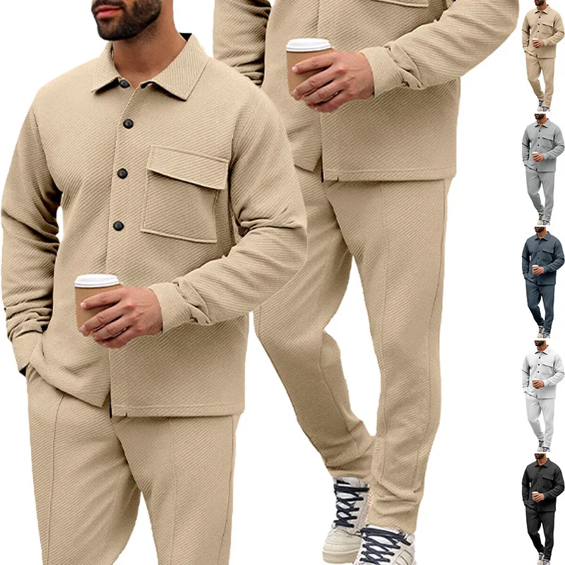 Men's Casual Lapel Long-Sleeved Cardigan Single-Breasted Solid Color Fitted Jacket Set Autumn Winter New