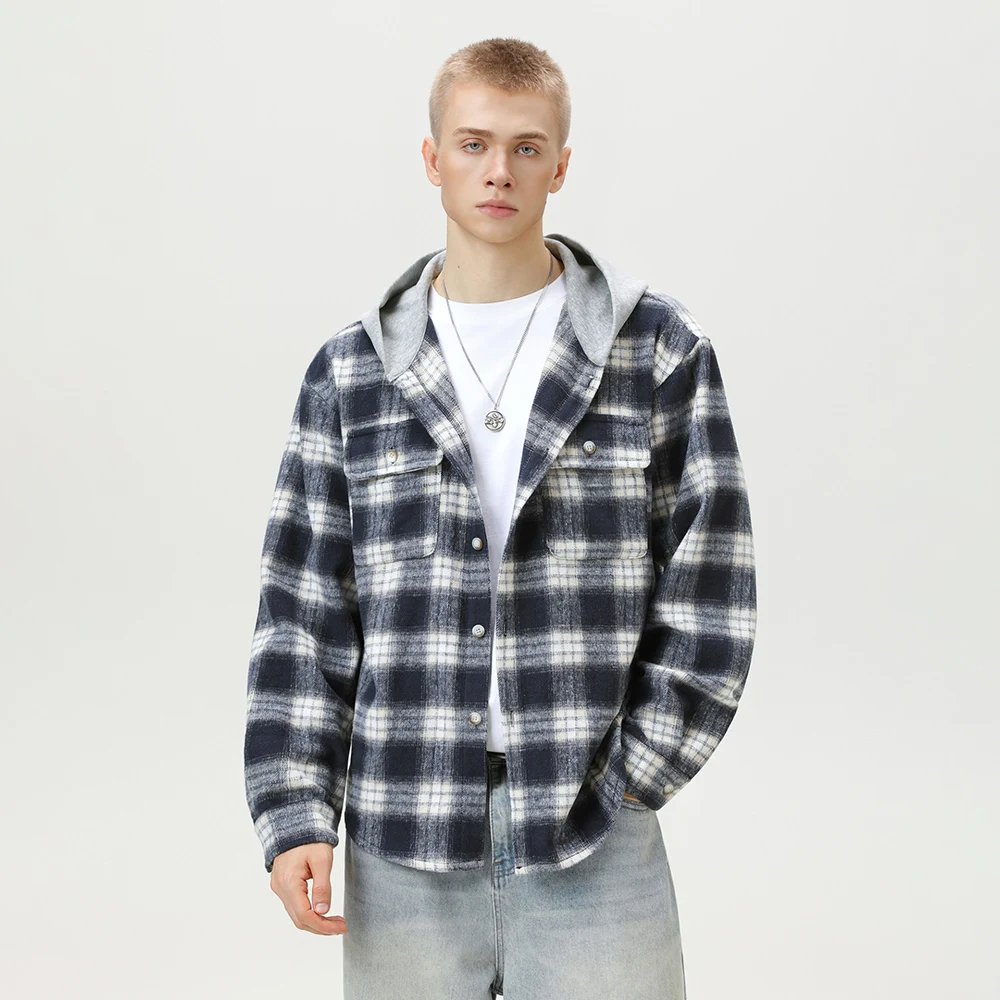 TFETTERS 2026 Autumn Vintage Long Sleeve Shirt Men with Hooded Brushed Fabric Plaid Streetwear Shirt Luxury Designer Clothing
