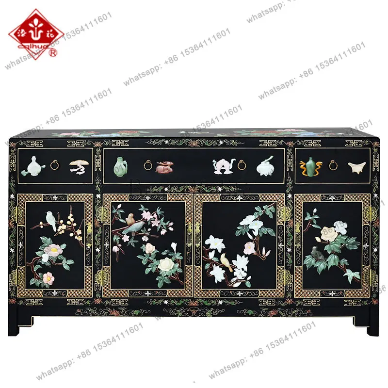 Lacquer flower Chinese traditional craft three-draw four-door sideboard entrance cabinet