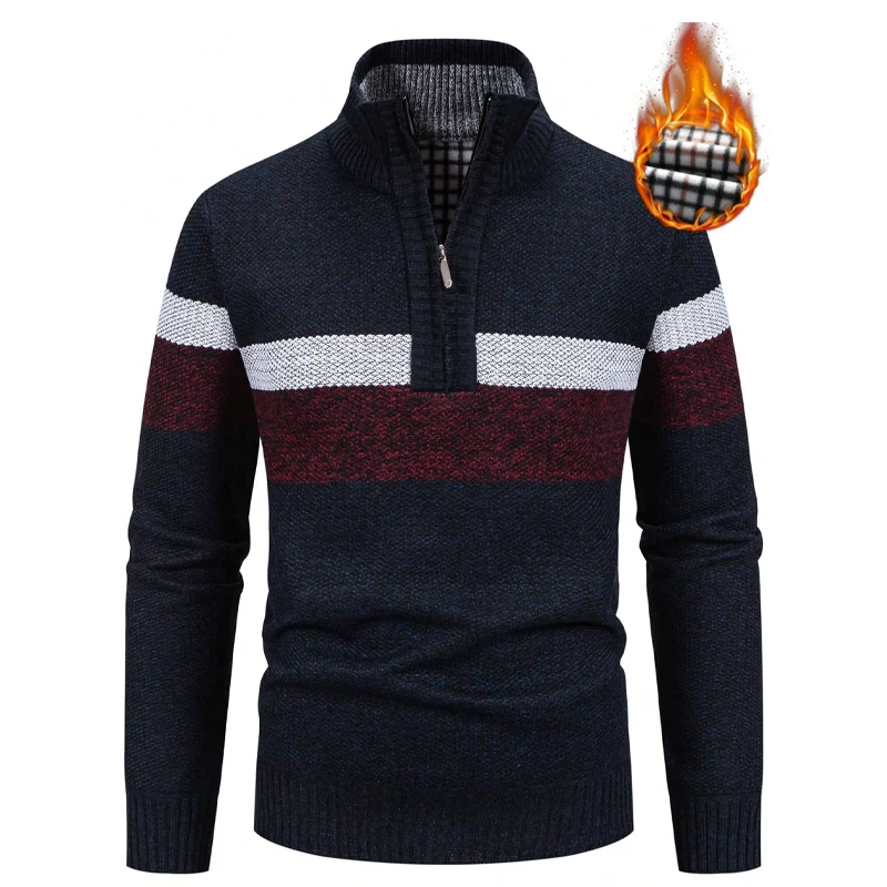 

Mens Thick Sweater Fashion Striped Half Zip Knitted Pullover Autumn Winter Men's Stand Collar Casual Sweaters American Euro Size