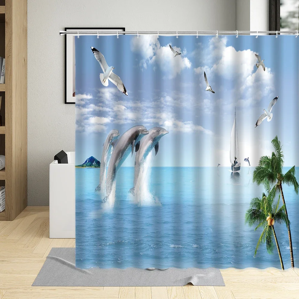 Nautical Ship Shower Curtain Beach Coconut Tree Sail Boat Seagull Dolphin Bathtub Curtains Seaside Vacation Living Room Screens