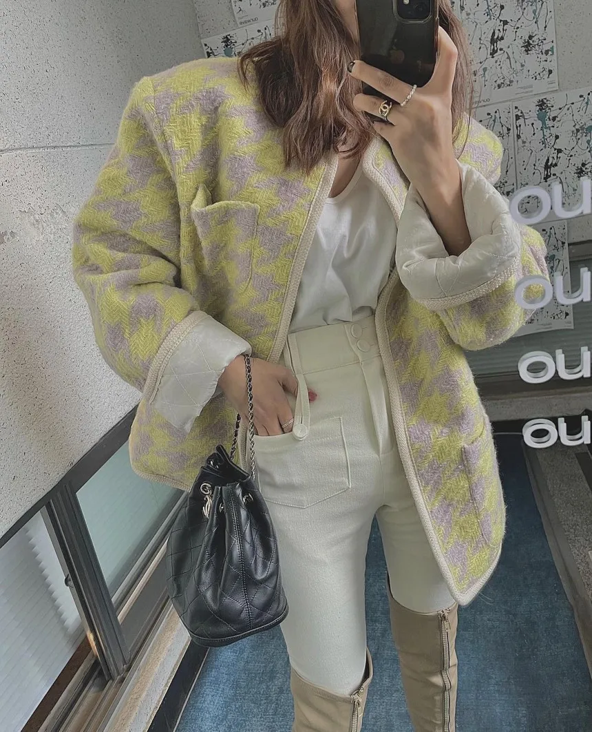 

Color Blo Plaid Suit Jaet Women's Retro Cotton Lined Asymmetrical Hem Thiened Woolen Korean Sle Commute round Ne