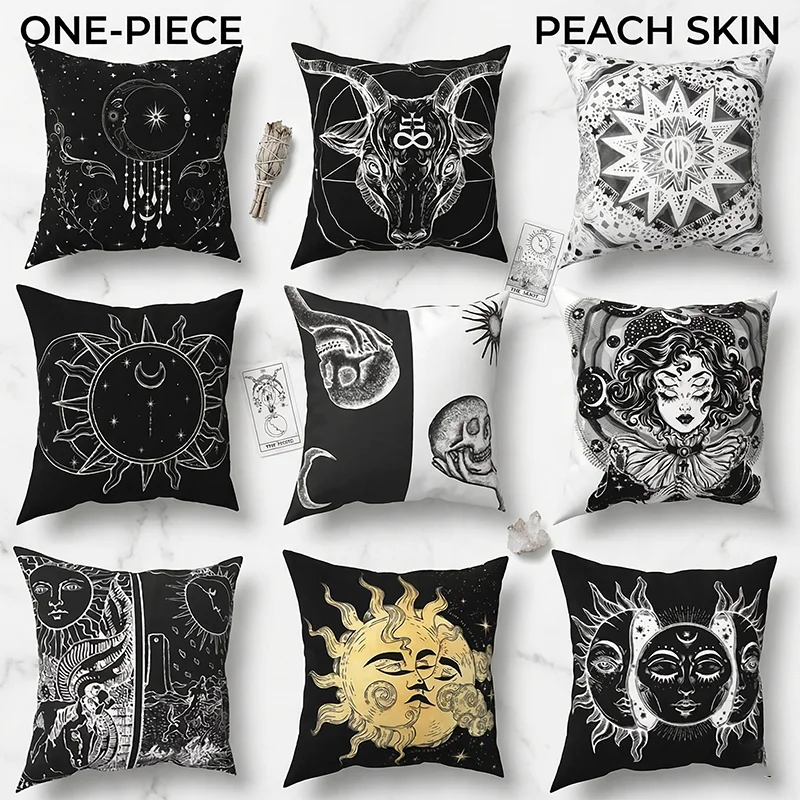 

Pillow Cover Straight with Zodiac Tarot Pattern for Home Funny Decorative Pillowcase Square Black White Moon Retro Star Mandala