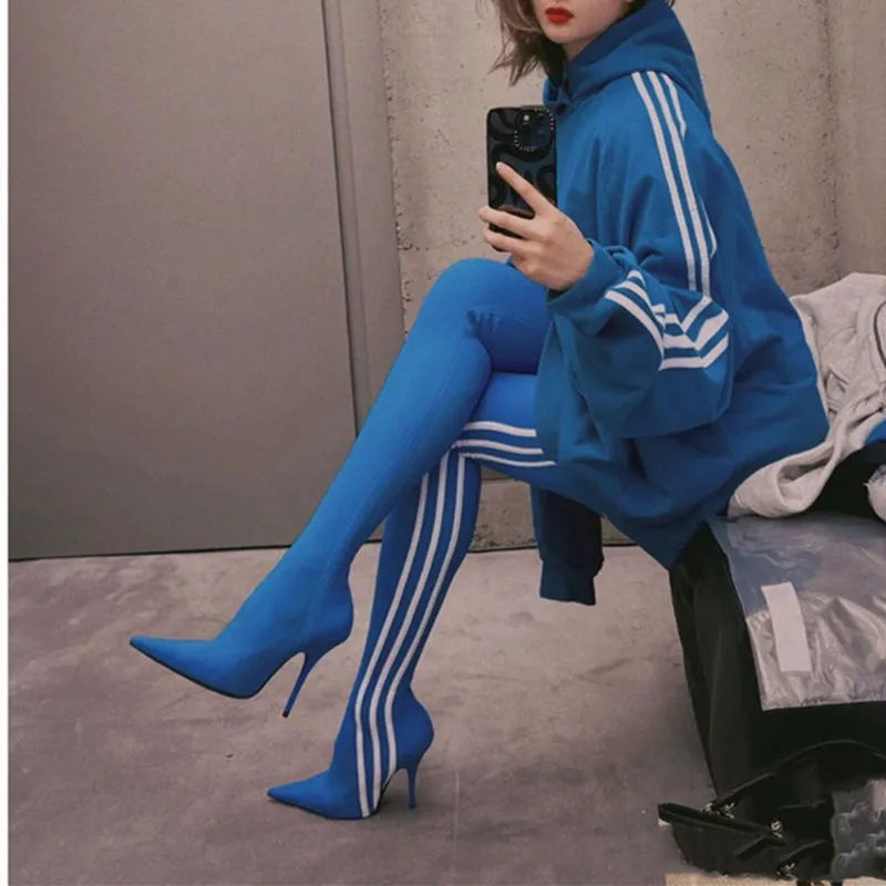 Mkkhu حذاء قصير أنيق للنساء جديد عالي الجودة مدبب مرن قماش كعب عالي أحذية برقبة ساق للتنقل للنساء