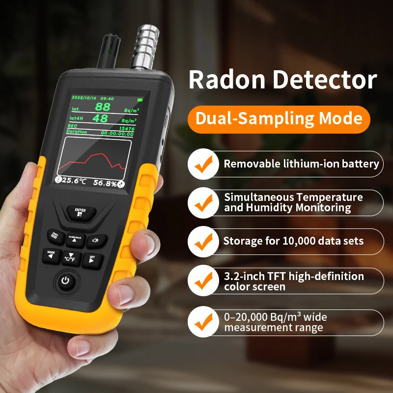 Portable Radon Detector Air Quality Monitor TFT Screen Data Logger Pump Suction & Diffusion Dual Mode for Home Basement Test