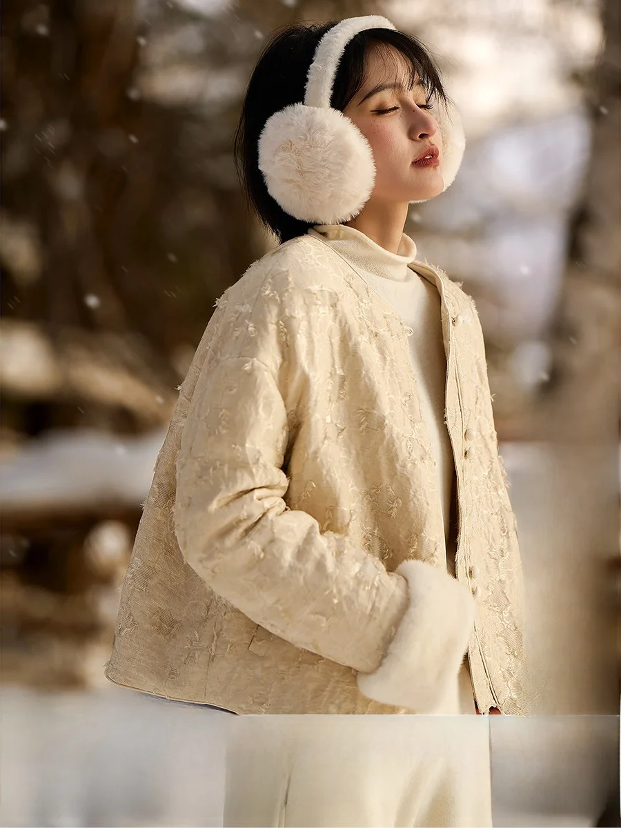 

New Chinese Sle Women's Cotton Jaet Wool Filling X Water Sve Xiehua Cotton Clothes round Ne Single Button