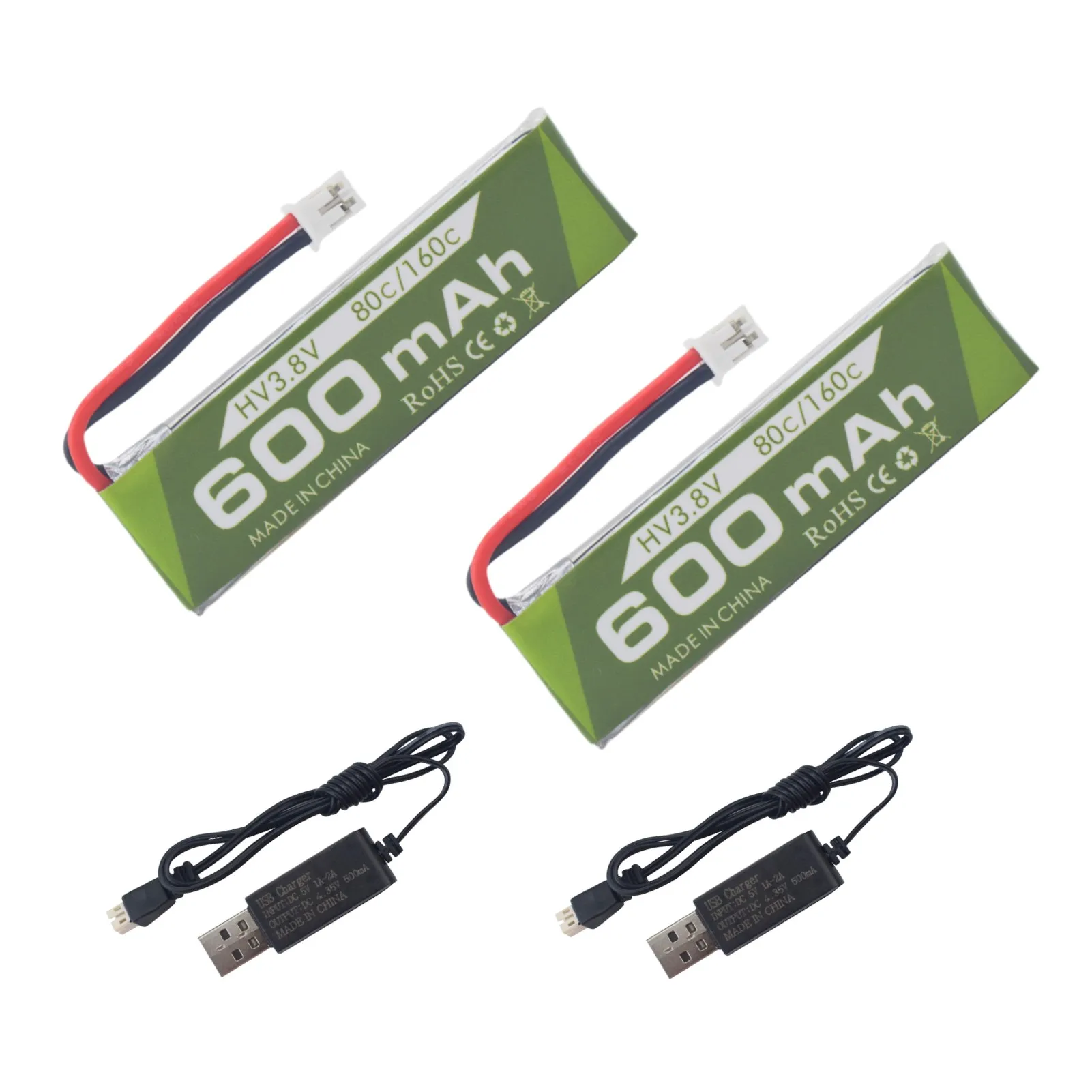 2PCS 1S 3.8V 80C 600mAh Lithium Battery With JST PH-2.0 Plug Connector+USB For Cineahoop Tinyhawk Mini FPV Racing Car And Drone