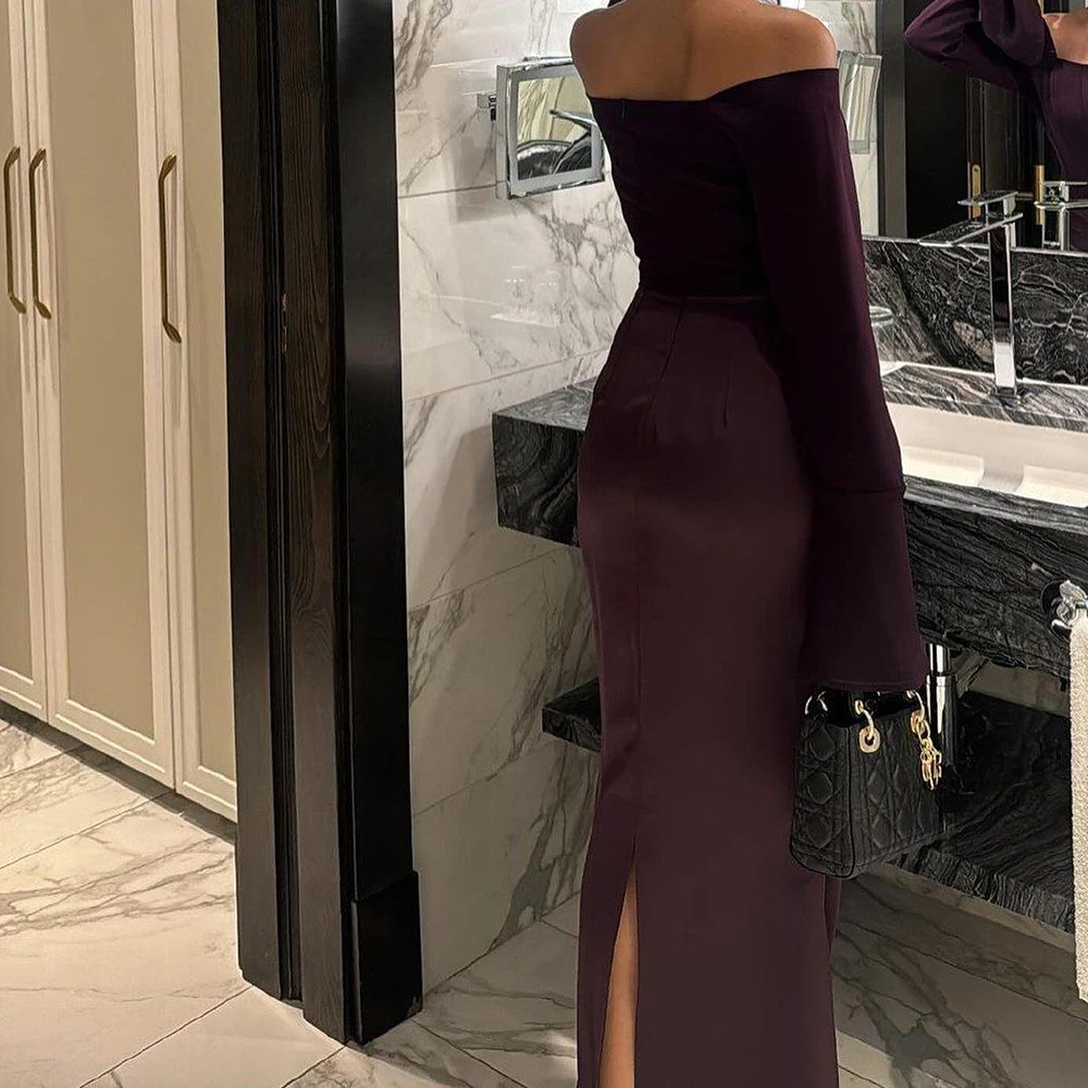 Zipper Back Back Slit Ankle Length Straight Boat Neck Elegant and Luxury Evening Dress Off the Shoulder Satin Long Sleeves