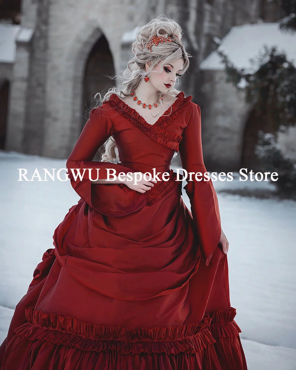 Suknie ślubne w stylu gotyckim szyte na miarę, długie rękawy, czerwone, w stylu wiktoriańskim, księżniczki, gorsetowe, suknie ślubne, suknia ślubna szyta na zamówienie.