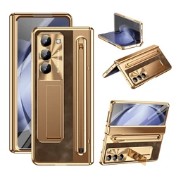 With Stylus Pen For Samsung Galaxy Z Fold 8 7 6 5 4 Case Leather Plating Hinge Armor Cover TriFold Holder Full Screen Glass Film