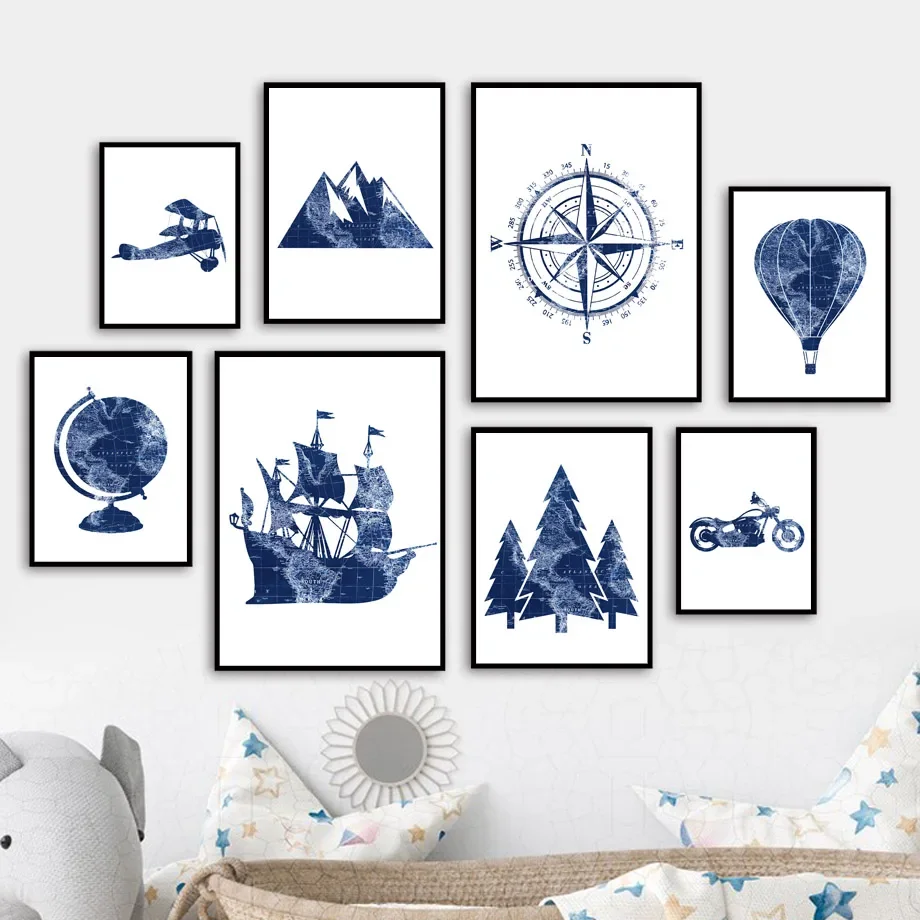 Hot Air Balloon Airplane Compass Navy Blue Travel Nursery Wall Art Canvas Painting Posters And Prints Pictures Kids Room Decor