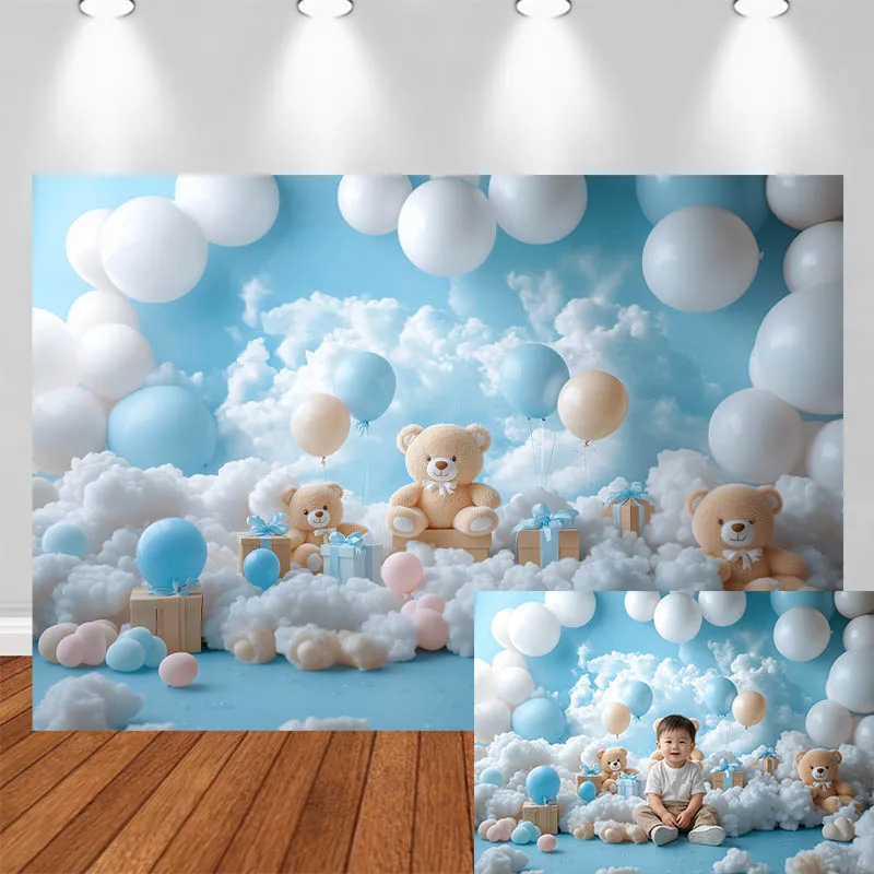 

LS Photography Background Blue Sky White Cloud Little Bear Balloon Decor Birthday Cake Smash Kids Portrait Photo Backdrop Studio