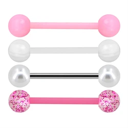 WKOUD 4 PCS Stainless Steel 14G Tongue Rings Barbell Pink Tongue Barbell Jewelry For Women Piercing Tongue Piercing Pink