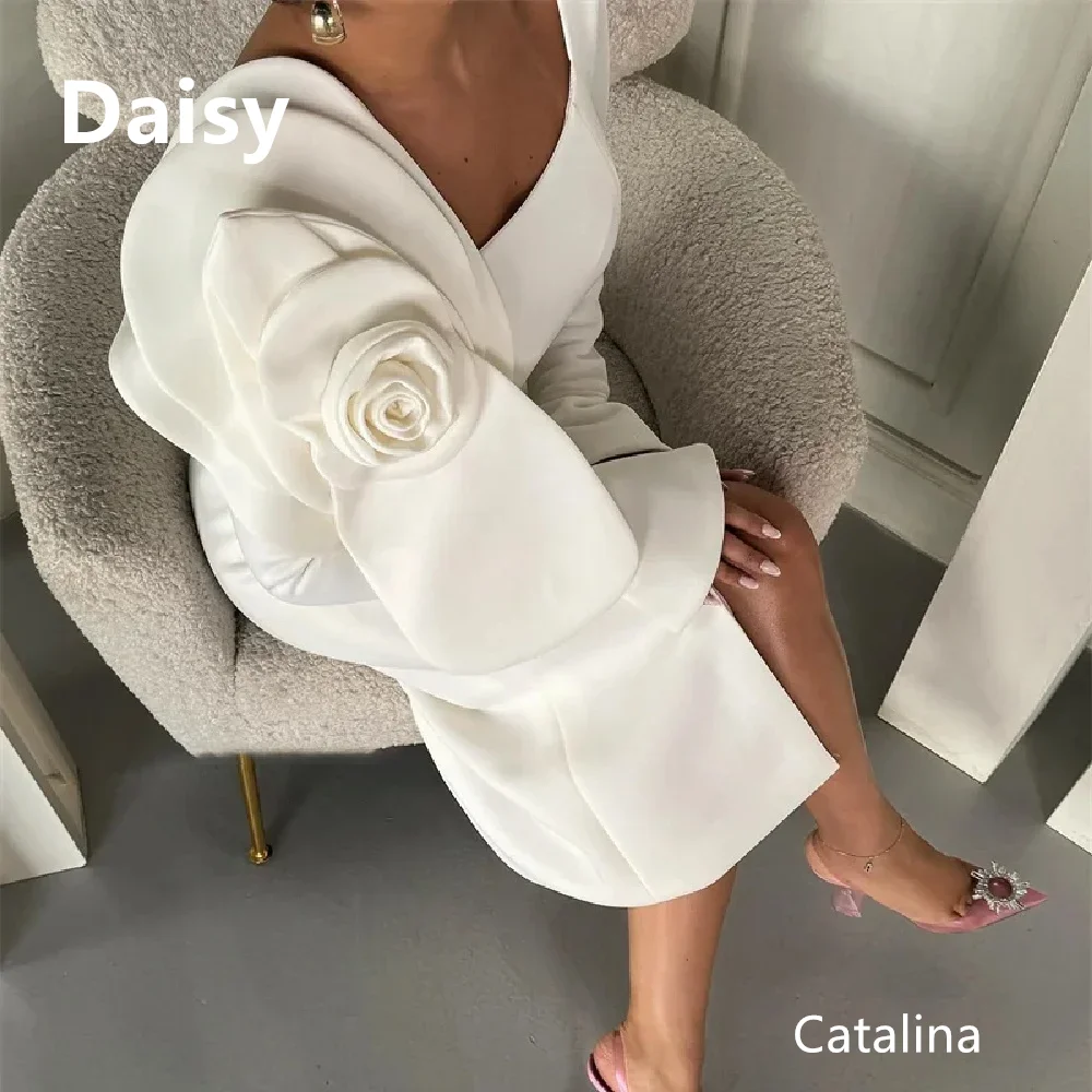 

Tea-Length Vintage Evening Dresses Elegant 3D Flower Mermaid Slit Prom Dress Ivory Satin Long Sleeves Square Collar Customized
