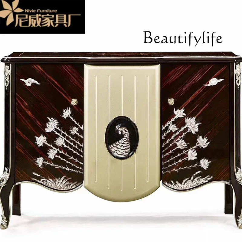 Italian classical small apartment solid wood carving flower dining side cabinet household simple entrance cabinet