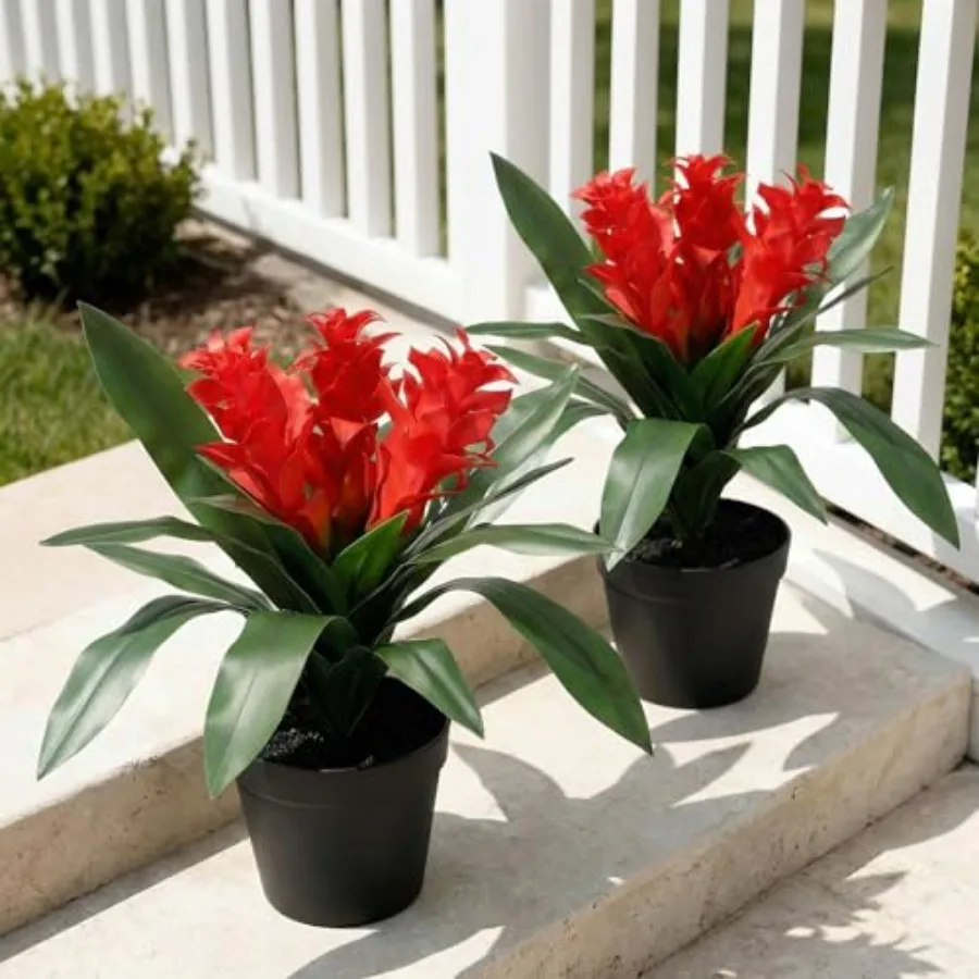 

2 Pcs Artificial Tropical Bromeliad Flowers Pot 16 Inch 3 Head Red Bromeliads Plants with Decorative Faux Pot Lifelike Pineappl