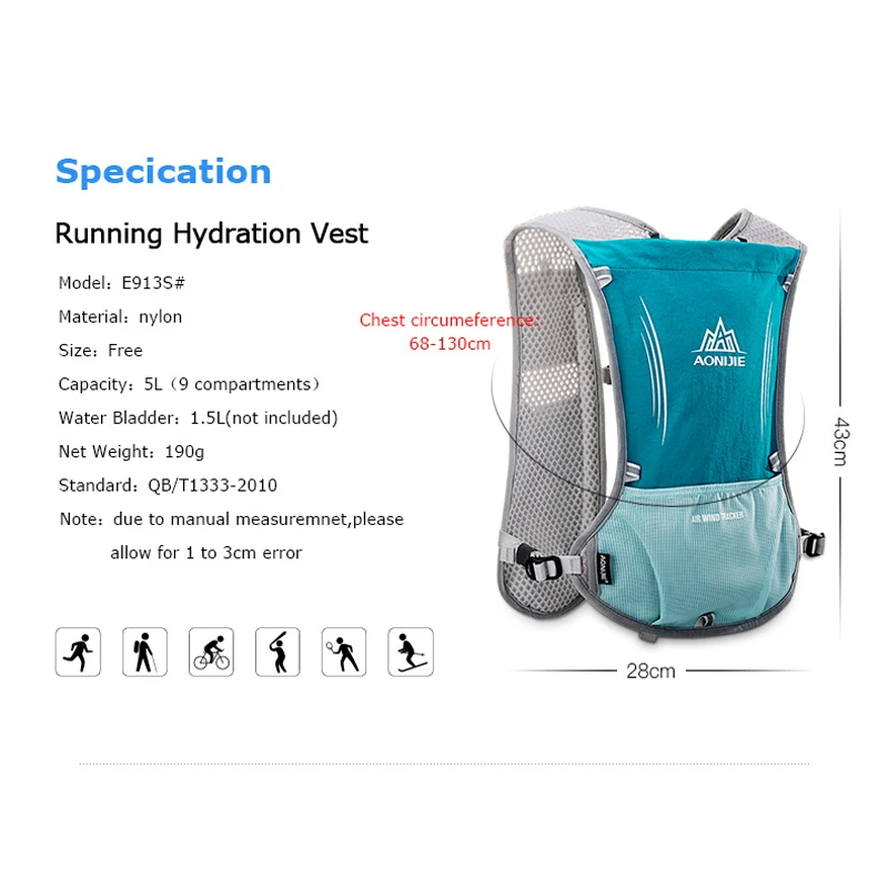 AONIJIE E913S 5L Hydration Pack Backpack Rucksack Bag Vest for 1.5L Water Bladder Hiking Running Marathon Race Sports Outdoor