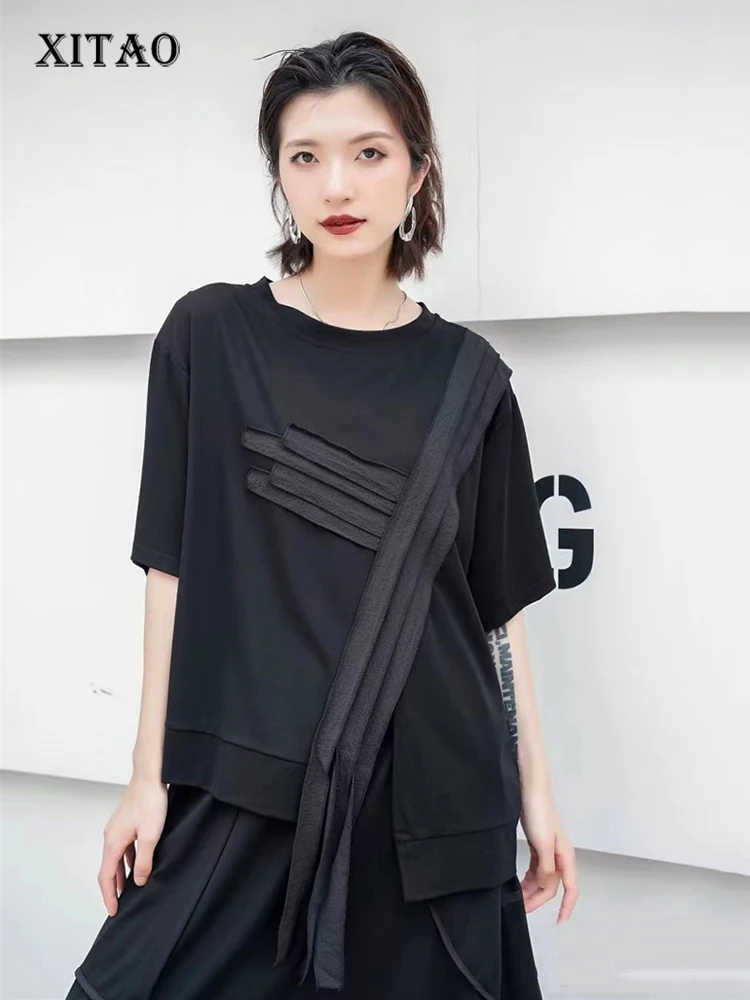 

XITAO Asymmetrical Patchwork T-shirts Solid Color Short Sleeve O-neck Pullover Loose Casual Tops 2024 Summer Slimming GJ1031