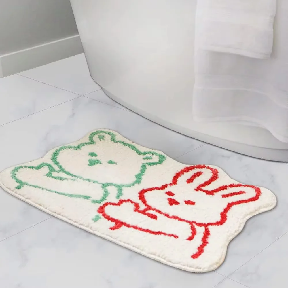 VIKAMA Pastel Minimal Line Art Bear Bunny Floor Mat Irregular Outline Shape Non Slip Fluffy Shower Bathroom Decor
