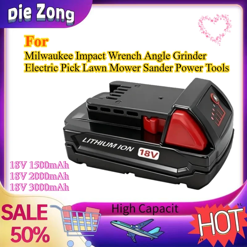 

New 18V 1500-3000mAh Li-Ion Battery For Milwaukee Impact Wrench Angle Grinder Electric Pick Lawn Mower Sander Power Tools