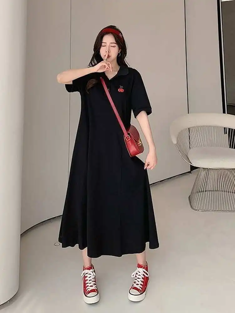 

Summer Neck Long Knee-Length T-Shirt Dress Women plus Size Loose A-Line Skirt Short Sleeve Casual Polyester Fiber Dress