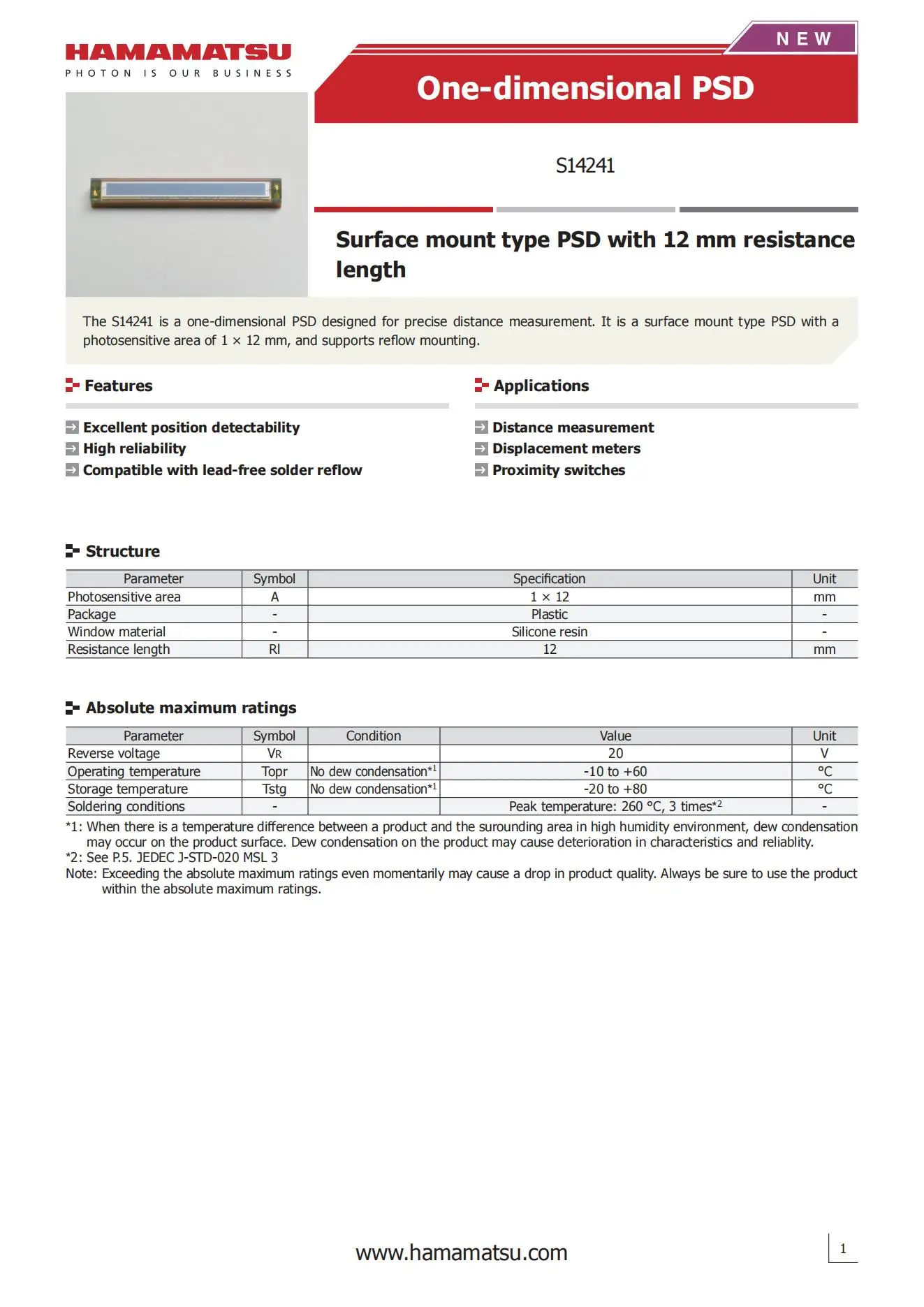 HAMAMATSU One-dimensional PSD S14241 1*12mm 380-1000nm 940nm Surface mount type PSD with 12 mm resistance length