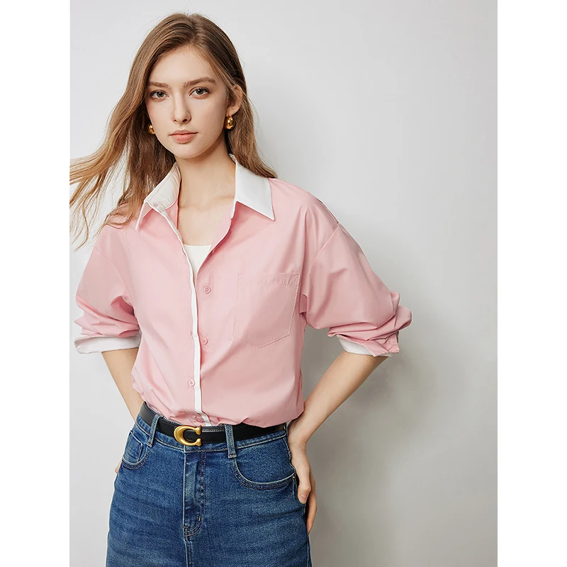 TOYOUTH Women Shirts 2024 Autumn New Long Sleeve Polo Neck Loose Blouse Color Blocking Splicing French Elegant Three Colors Tops