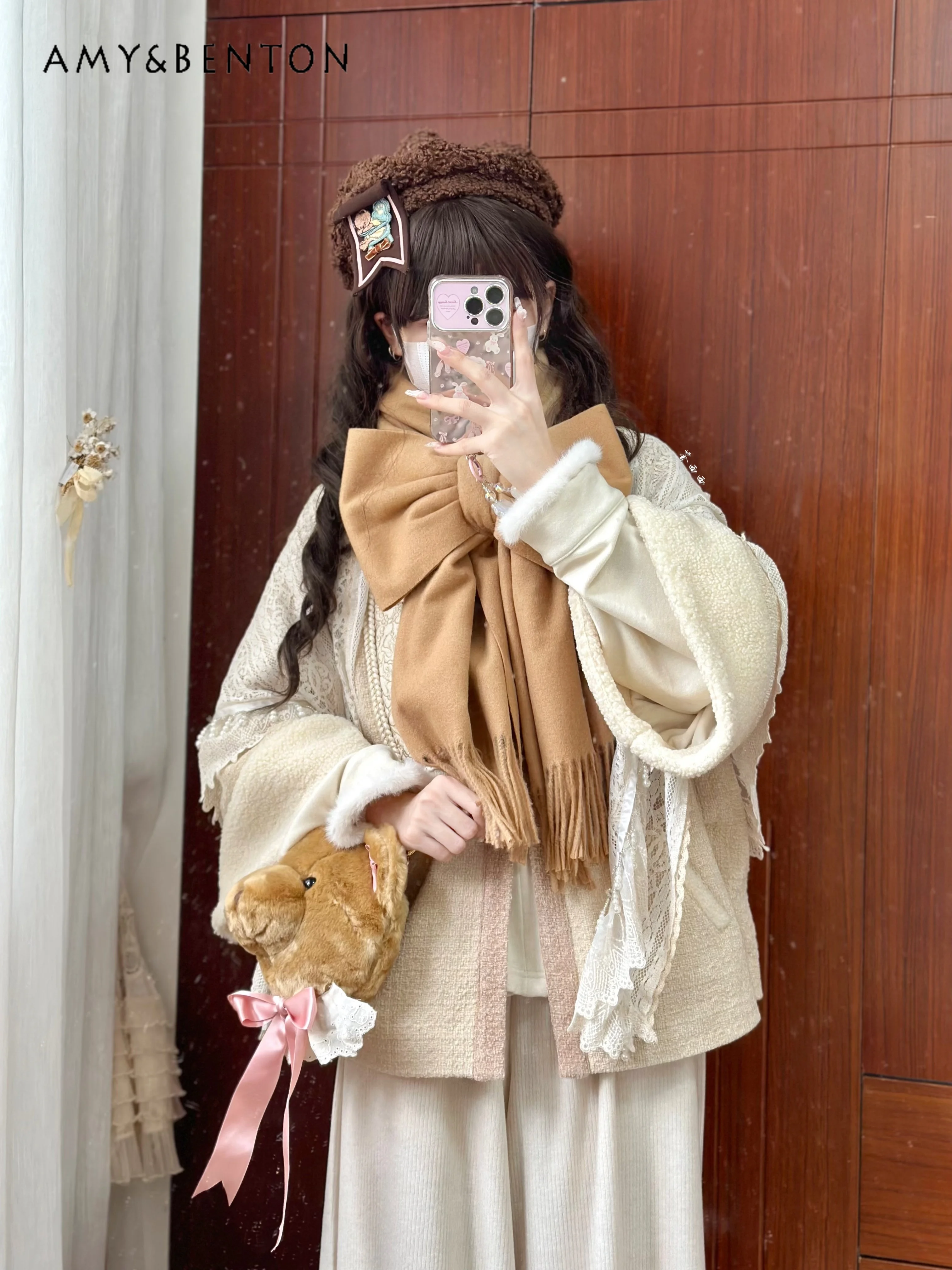 Sweet Girl Bow Scarf Women Winter New Cashmere Soft Tassel Cute Scarf Solid Color Versatile Warm Kawaii Scarf Student Female