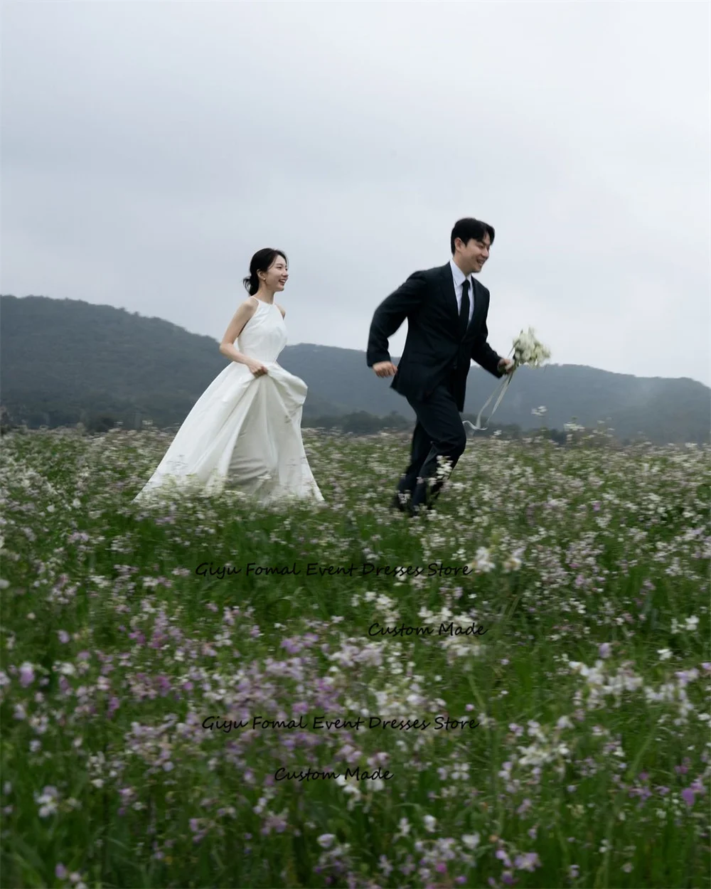 Giyu Simple A-line Korea Wedding Dress Photoshoot Halter Floor-length Taffeta 웨딩드레스 Vestidos Novias Boda Bridal Gown