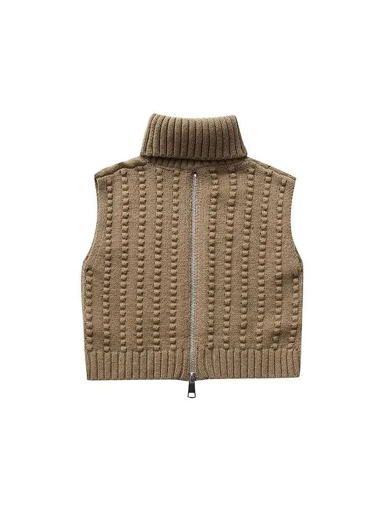 TRAF 2024 Autumn Turtleneck Knitted Vest Woman Cropped Sleeveless Sweater Vests For Women Back Zipper Vests Women Pullovers Top