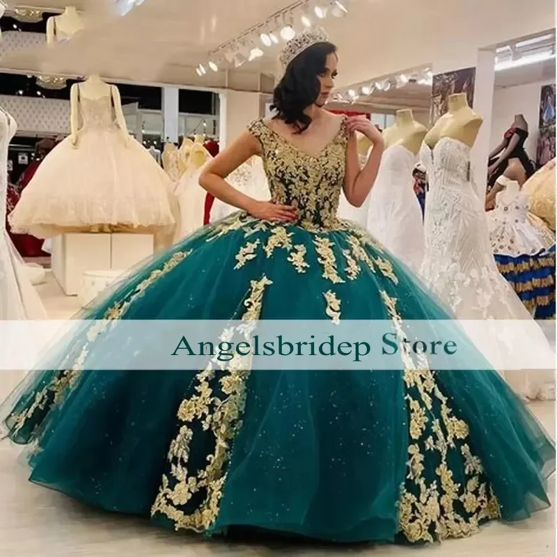 Hunter-vestidos de Quinceañera de princesa verde para niña, vestidos de tul con purpurina, dulce 16 de encaje dorado de lujo, vestidos de fiesta de cumpleaños